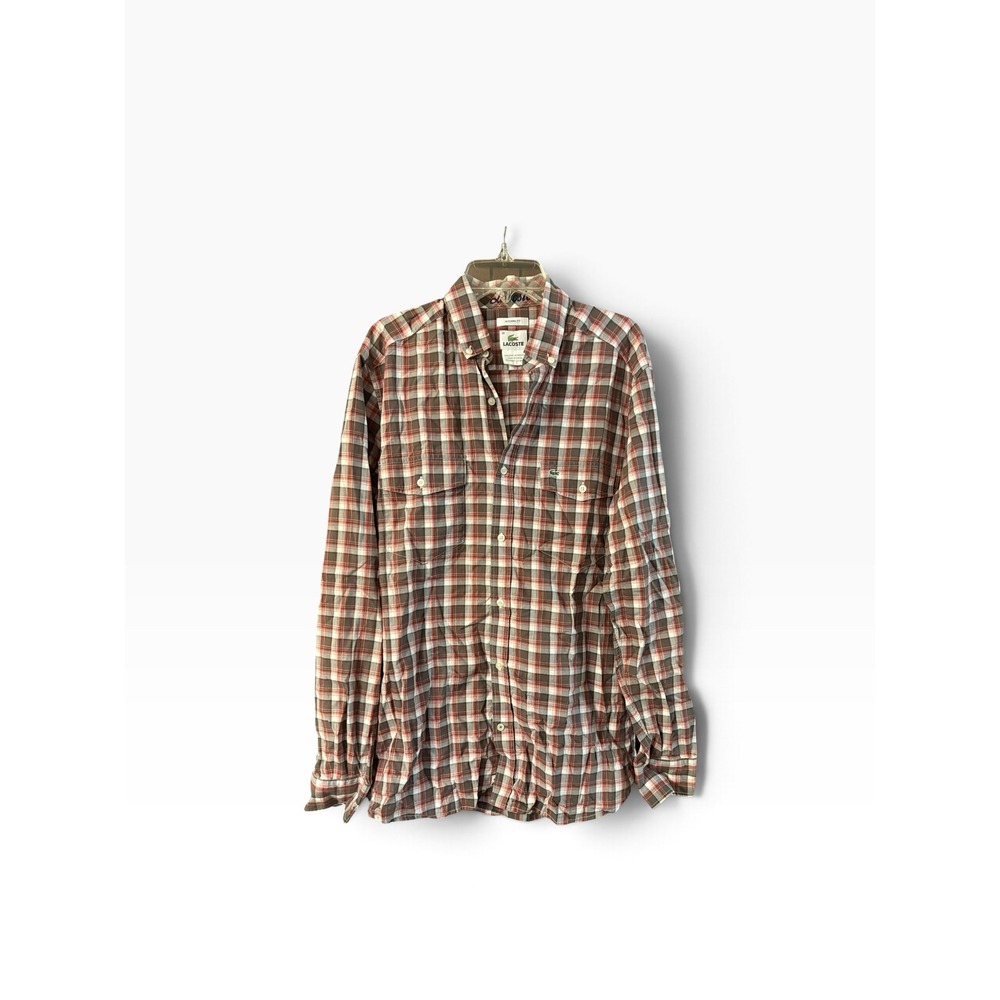 Lacoste Mens Modern Fit Plaid Button Down Shirt Brown Red Size 38 Long Sleeve